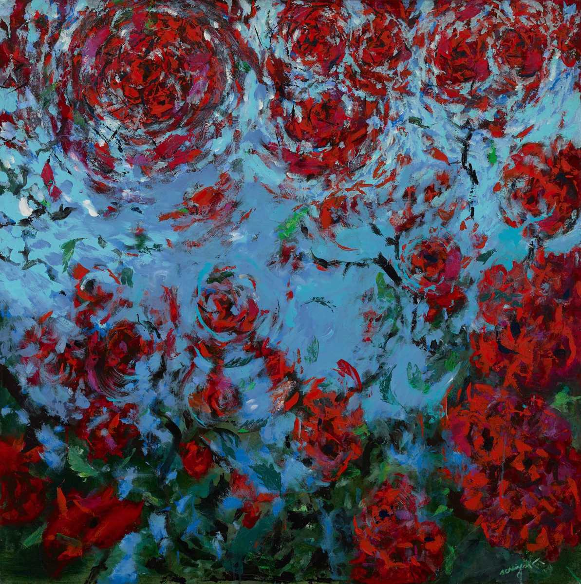 painting of roses stirred by wind